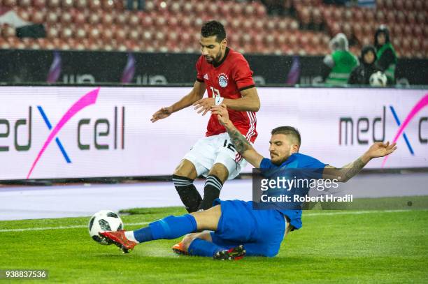 Konstantinos Mitroglou of Greece vies with Moamen Zakaria of Egypt during the International Friendly between Egypt and Greece at the Letzigrund...