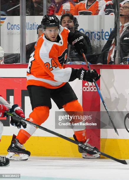 Matt Read of the Philadelphia Flyers competes a pass against the Washington Capitals on March 18, 2018 at the Wells Fargo Center in Philadelphia,...