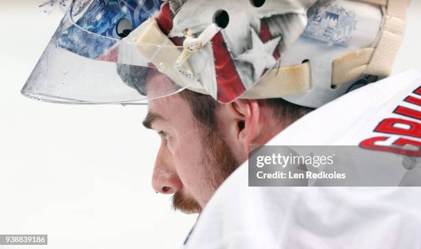 Philipp Grubauer of the Washington Capitals looks on during warm-ups against the Philadelphia Flyers on March 18, 2018 at the Wells Fargo Center in...