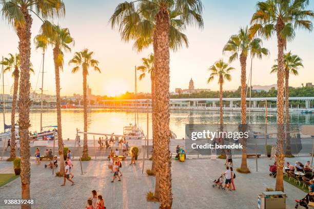 paseo marítimo en el centro de málaga al atardecer - malaga fotografías e imágenes de stock