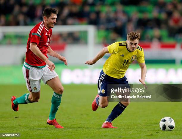 Adam Pinter of Hungary and James Forrest of Scotland in action during the International Friendly match between Hungary and Scotland at Groupama Arena...