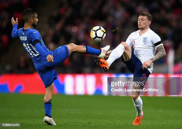 Lorenzo Insigne of Italy competes for the ball with Kieran Trippier of England during the International friendly between England and Italy at Wembley...