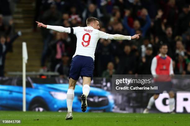 Jamie Vardy of England celebrates after scoring his sides first goal during the International friendly between England and Italy at Wembley Stadium...