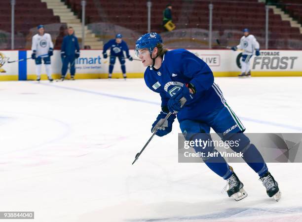 Adam Gaudette of the Vancouver Canucks skates up ice during the Canucks game-day skate before the NHL game against the Anaheim Ducks at Rogers Arena...