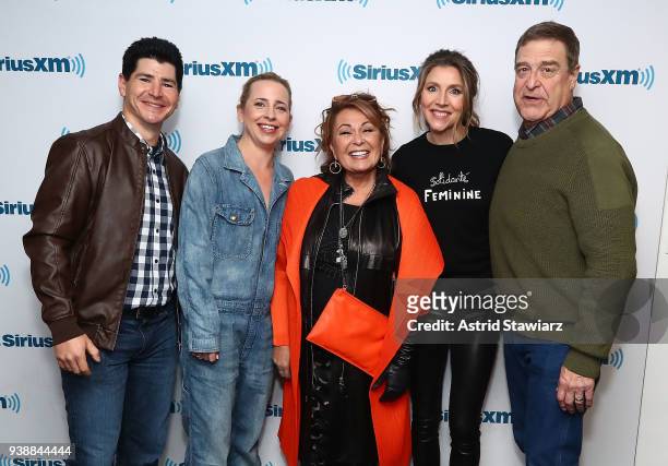 Actors Michael Fishman, Lecy Goranson, Roseanne Barr, Sarah Chalke and John Goodman pose for photos during SiriusXM's Town Hall with the cast of...