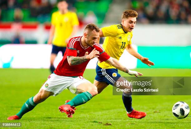 Gergo Lovrencsics of Hungary and James Forrest of Scotland in action during the International Friendly match between Hungary and Scotland at Groupama...