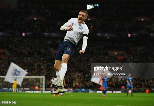 Jamie Vardy of England celebrates after scoring the opening goal during the friendly match between England and Italy at Wembley Stadium on March 27,...
