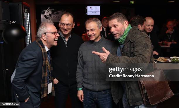 Bernhard Dietz, Andreas Thom, Olaf Thon and Ulrich Borowka, members of the Club of Former National Players, attend the International friendly match...