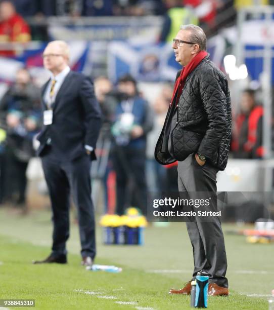 Head coach Georges Leekens of Hungary and head coach Alex McLeish of Scotland are seen during the International Friendly match between Hungary and...