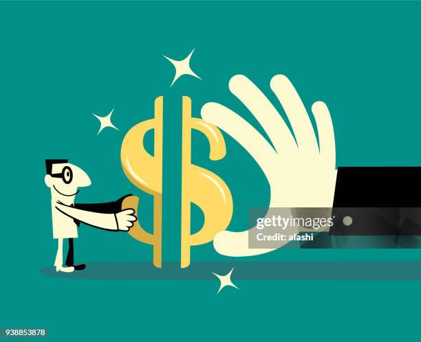 cheerful businessman cooperates with a big hand to complete a dollar currency sign jigsaw puzzle - co ordination stock illustrations