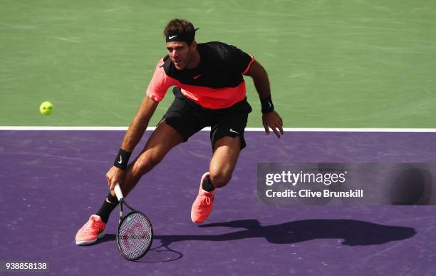 Juan Martin Del Potro of Argentina in action against Filip Krajinovic of Serbia in their fourth round match during the Miami Open Presented by Itau...