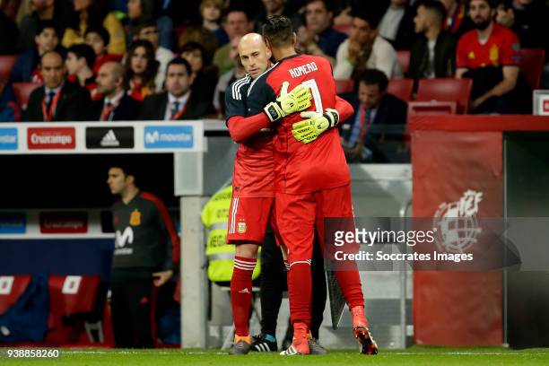 Willy Caballero of Argentina, Sergio Romero of Argentina during the International Friendly match between Spain v Argentina at the Estadio Wanda...