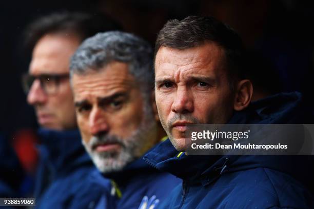 Ukraine Manager / Head Coach, Andriy Shevchenko and his assistant, Mauro Tassotti look on prior to the International friendly match between Japan and...