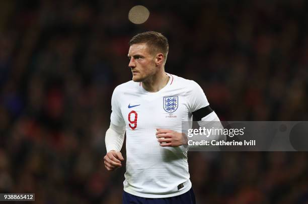 Jamie Vardy of England looks on during the International friendly between England and Italy at Wembley Stadium on March 27, 2018 in London, England.