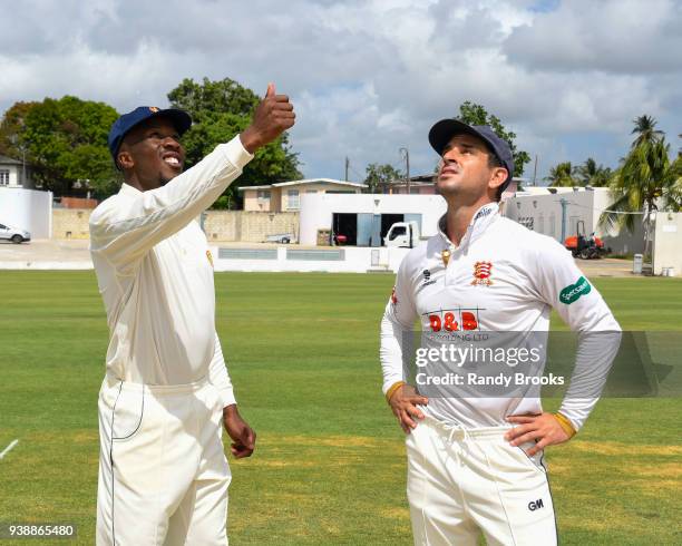 Daniel Bell-Drummond of MCC toss the coin as Ryan Ten Doeschate looks on at the start of Day One of the MCC Champion County Match, MCC v ESSEX on...