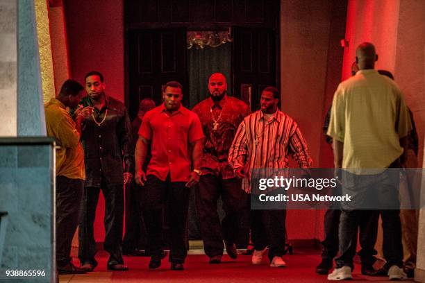 East Coast, West Coast" Episode 106 -- Pictured: Dominic Santana as Suge Knight, Aston Taylor as DJ Funkmaster Flex --