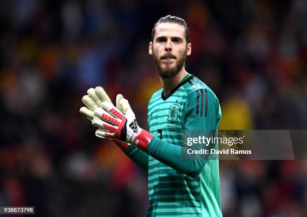 David De Gea of Spain celebrates his sides goal during the International Friendly between Spain and Argentina on March 27, 2018 in Madrid, Spain.