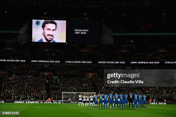 The Italy team and the England team observe a minutes silence in memory of Jimmy Armfield, Cyrille Regis, and Davide Astori prior to the the...