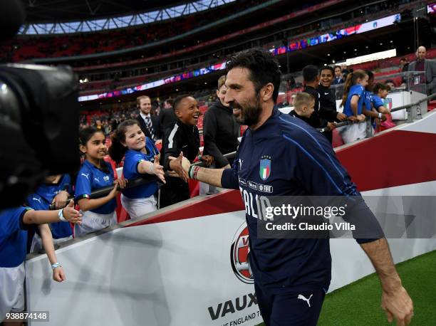 Gianluigi Buffon of Italy at the start of the International friendly football match between England and Italy at Wembley Stadium on March 27, 2018 in...