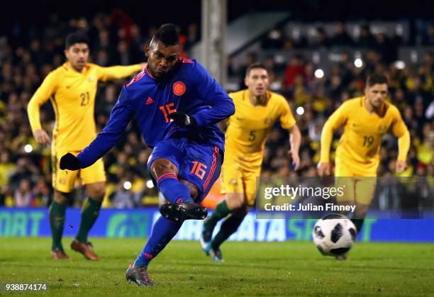 Miguel Borja of Columbia takes a penalty during the International friendly between Australia and Colombia at Craven Cottage on March 27, 2018 in...
