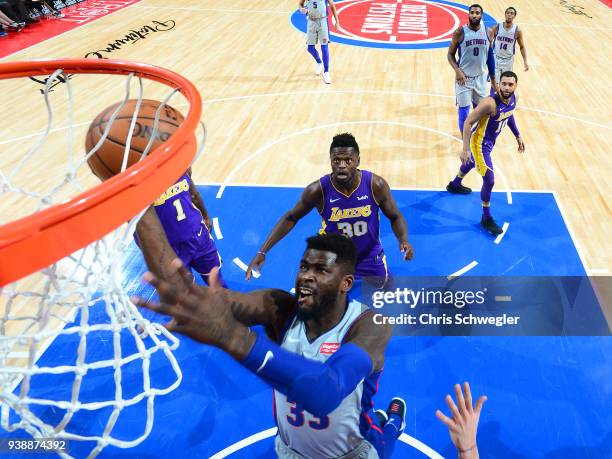 James Ennis III of the Detroit Pistons goes to the basket against the Los Angeles Lakers on March 26, 2018 at Little Caesars Arena in Detroit,...