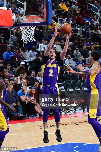 Lonzo Ball of the Los Angeles Lakers grabs the rebound against the Detroit Pistons on March 26, 2018 at Little Caesars Arena in Detroit, Michigan....