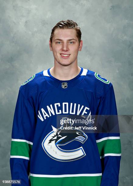 The official NHL headshot of Adam Gaudette of the Vancouver Canucks before their NHL game against the Anaheim Ducks at Rogers Arena March 27, 2018 in...