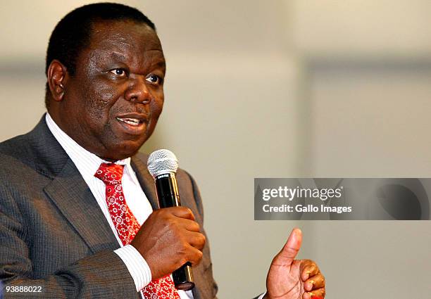 Zimbabwean Prime Minister Morgan Tsvangirai speaks at the Life Centre at Sea Point, on December 3, 2009 in Cape Town, South Africa. Tsvangirai urged...