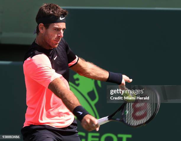 Juan Martin Del Potro of Argentina returns against Filip Krajinovic of Serbia during the men's single fourth round on Tuesday, March 27, 2018 at the...