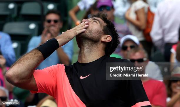 Juan Martin Del Potro of Argentina reacts after defeating Filip Krajinovic of Serbia 6-4, 6-2 during the men's single fourth round on Tuesday, March...