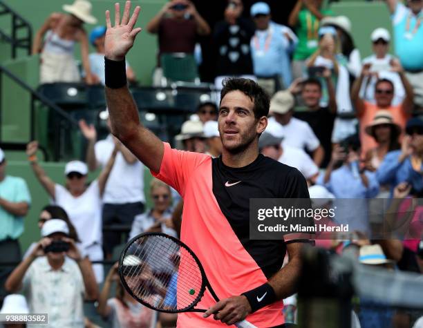 Juan Martin Del Potro of Argentina greets fans after defeating Filip Krajinovic of Serbia 6-4, 6-2 during the men's single fourth round on Tuesday,...