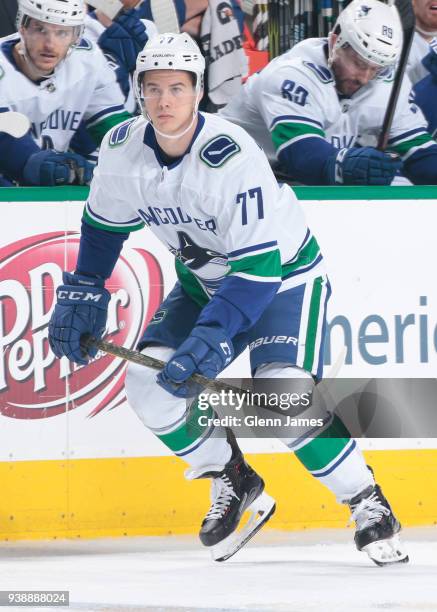 Nikolay Goldobin of the Vancouver Canucks skates against the Dallas Stars at the American Airlines Center on March 25, 2018 in Dallas, Texas. Nikolay...