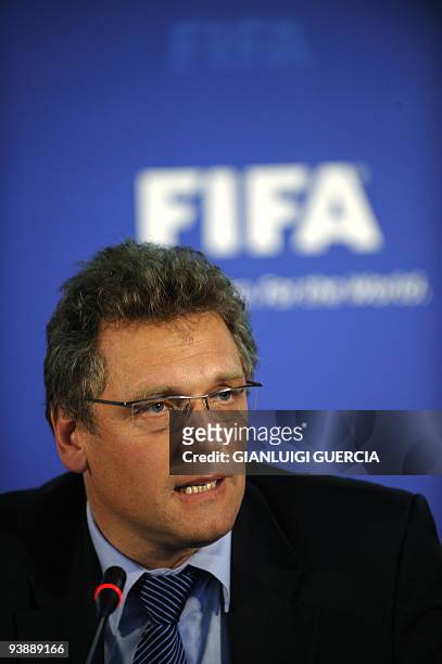 Secretary General Jerome Valcke gives a press conference after a FIFA executive committee meeting on Robben Island prison in table bay off the coast...
