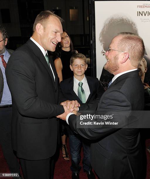 Springbok's captain Francois Pienaar and screenwriter Anthony Peckham arrive at the premiere of Warner Bros. Pictures' and Spyglass Entertainment's...