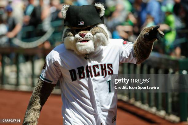 The Arizona Diamondbacks mascot "Baxter" during the spring training MLB baseball game between the Cleveland Indians and the Arizona Diamondbacks on...