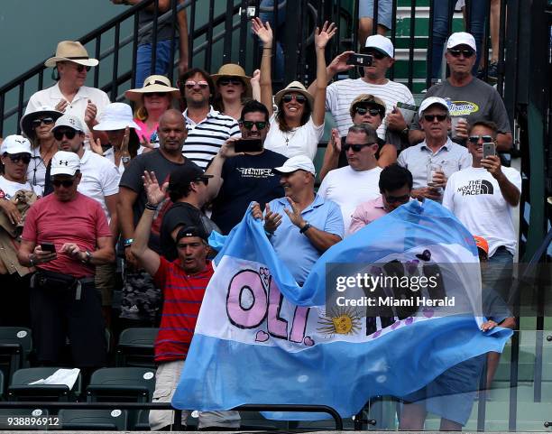 Fans support Juan Martin Del Potro of Argentina after he defeated Filip Krajinovic of Serbia 6-4, 6-2 during the men's single fourth round on...