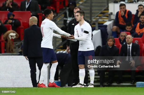 Lewis Cook of England makes his debut as he substitutes Jesse Lingard during the International Friendly match between England and Italy at Wembley...