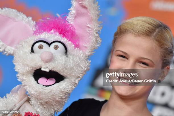 Ventriloquist Darci Lynne Farmer attends Nickelodeon's 2018 Kids' Choice Awards at The Forum on March 24, 2018 in Inglewood, California.