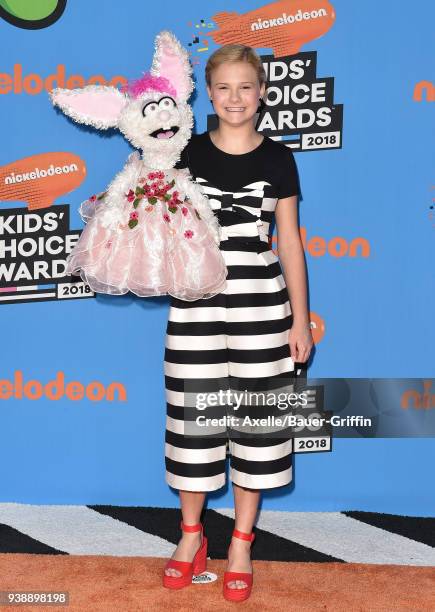Ventriloquist Darci Lynne Farmer attends Nickelodeon's 2018 Kids' Choice Awards at The Forum on March 24, 2018 in Inglewood, California.