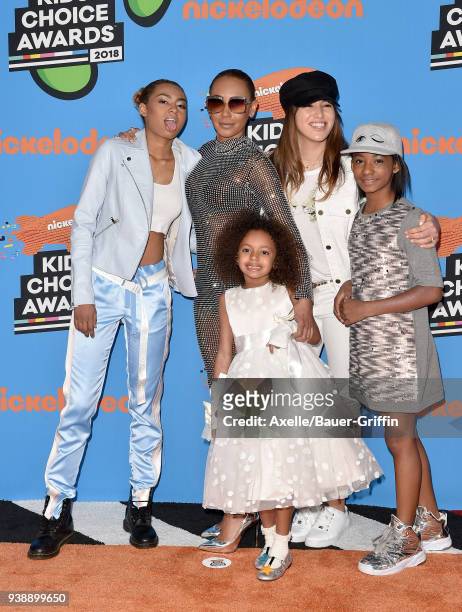 Phoenix Chi Gulzar, Mel B, Madison Brown Belafonte, Giselle Belafonte, and Angel Iris Murphy Brown attend Nickelodeon's 2018 Kids' Choice Awards at...