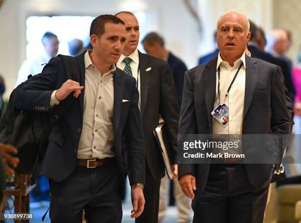 Philadelphia Eagles General Manager Howie Roseman and owner Jeffrey Lurie attend the 2018 NFL Annual Meetings at the Ritz Carlton Orlando, Great...