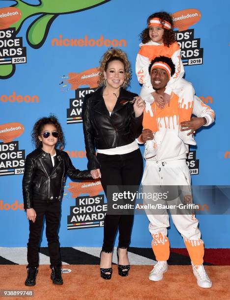 Singer Mariah Carey, Nick Cannon, daughter Monroe Cannon and son Moroccan Cannon attend Nickelodeon's 2018 Kids' Choice Awards at The Forum on March...