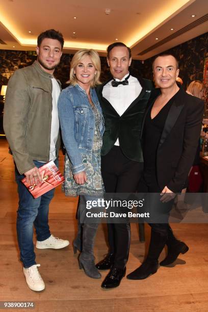Duncan James, Anthea Turner, cast member Jason Gardiner and Julien Macdonald attend the press night after party for "Ruthless! The Musical" at The...