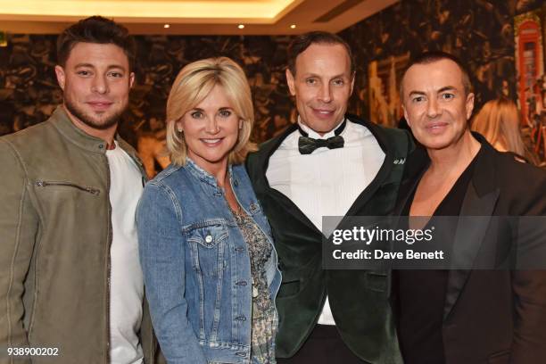 Duncan James, Anthea Turner, cast member Jason Gardiner and Julien Macdonald attend the press night after party for "Ruthless! The Musical" at The...