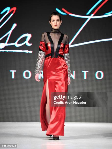 Model walks the runway wearing Elsa Lula at 2018 Vancouver Fashion Week - Day 6 on March 24, 2018 in Vancouver, Canada.