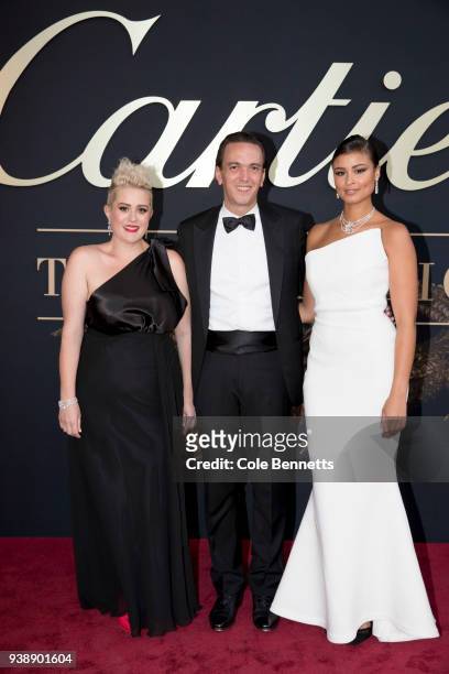 Katie Noonan, Jerome Metzger of Cartier and Thandi Pheonix attend the Cartier: The Exhibition Black Tie Dinner at the National Gallery of Australia...