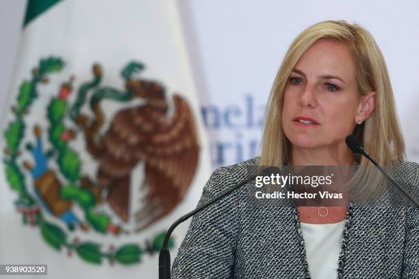 Homeland Security Secretary Kirstjen Nielsen looks on during a press conference at the Mexican Government Office on March 26, 2018 in Mexico City,...