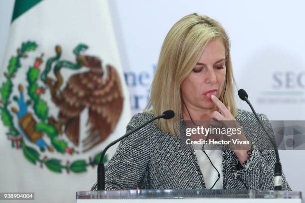 Homeland Security Secretary Kirstjen Nielsen gestures during a press conference at the Mexican Government Office on March 26, 2018 in Mexico City,...