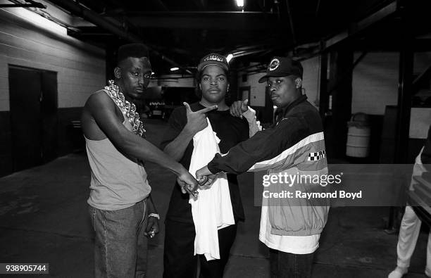 Rappers Big Daddy Kane, Ice Cube and Chuck D. Poses for photos backstage at The Arena in St. Louis, Missouri in August 1989.