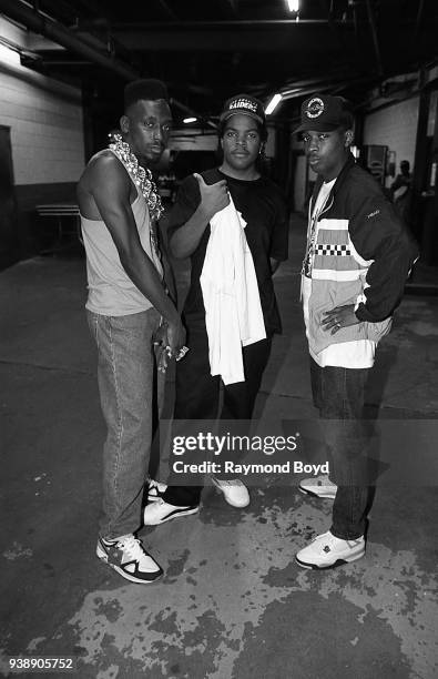 Rappers Big Daddy Kane, Ice Cube and Chuck D. Poses for photos backstage at The Arena in St. Louis, Missouri in August 1989.